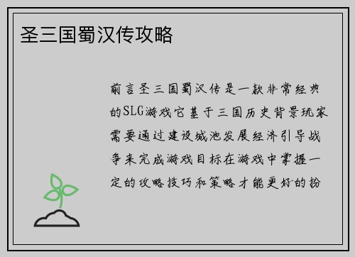 圣三国蜀汉传攻略